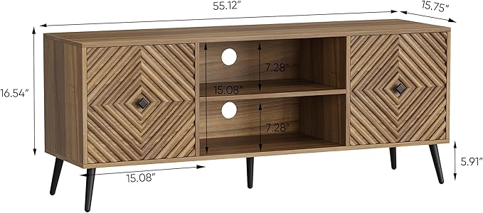 Smuxee Walnut TV Stand with Fluted Diamond Doors 55.12 Mid Century Modern TV Media Console for TVs up to 65 TV Cabinet with Adjustable Shelf &amp 2 Cabinets for Living Room