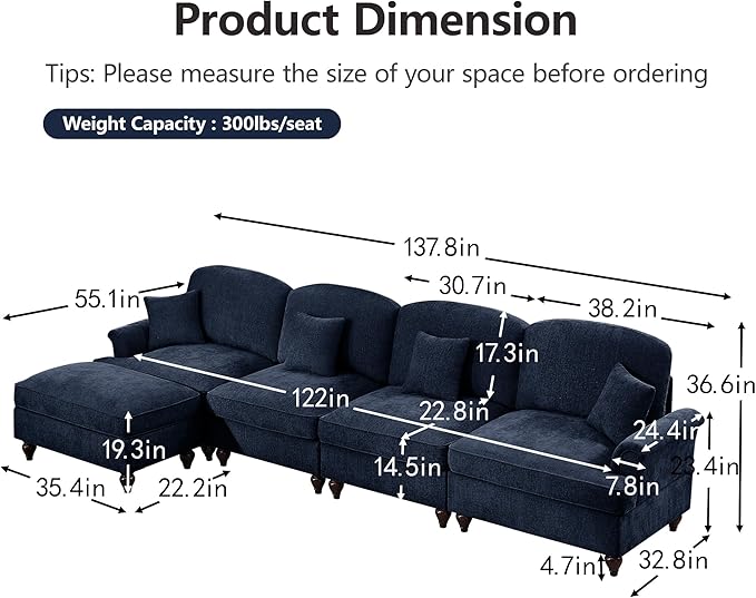 healthomse Modular Sectional Sofa Couch Comfy Chenille Four-Seat Sofa with Removable Ruffles Pleats Skirts Elegant Mid Century Sofa Couch for Living Room Bedroom (Blue 137.8inch+1 Ottoman)