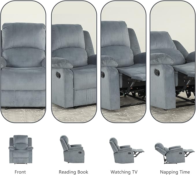 CANMOV Manual Recliner Chair Soft Fabric Overstuffed Recliner Single Sofa Chair for Living Room Heavy Duty and Safety Reclining Mechanism (Blue Grey)