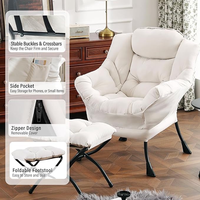 Lazy Chair with Ottoman Modern Accent Chair with Armrests and a Side Pocket Beige Accent Chairs Reading Chairs Oversized Armchairs for Bedroom Study Living Room Courtyard