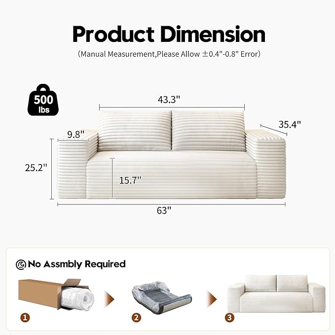 Modern Loveseat SofaModular Couch with Deep Seat Memory FoamComfy Small Cloud Couch for Small SpacesNo Assembly Required Sofa for Living RoomEfficient HomeBedroomOffice Apartment（63inchWhite）