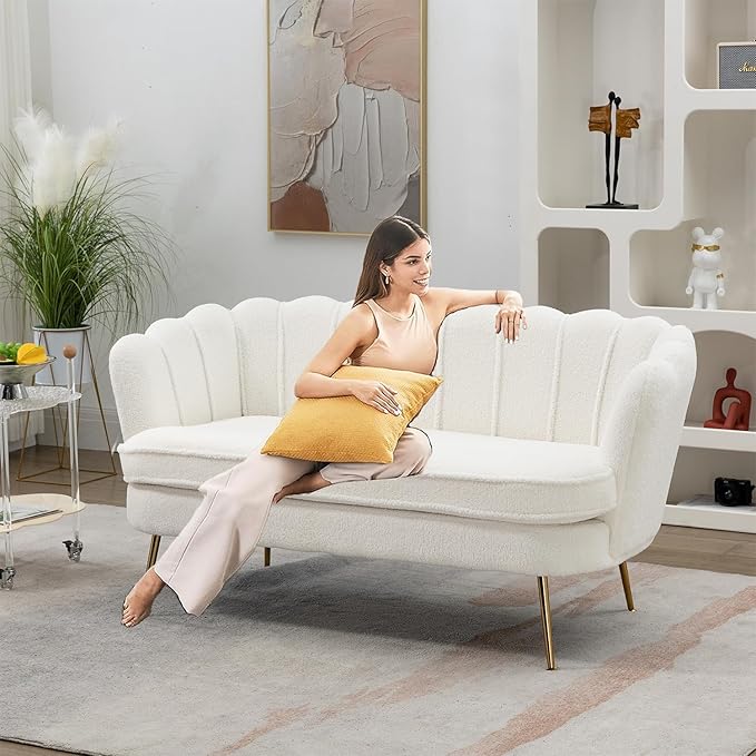 Modern Boucle Loveseat CouchFuton Small Sofa with Gold Metal Legs 2-Seater Upholstered Mini Sofa Couches for Small SpaceLiving Room Bedroom Office Dorm Studio Apartment Love Seat Couche(White)