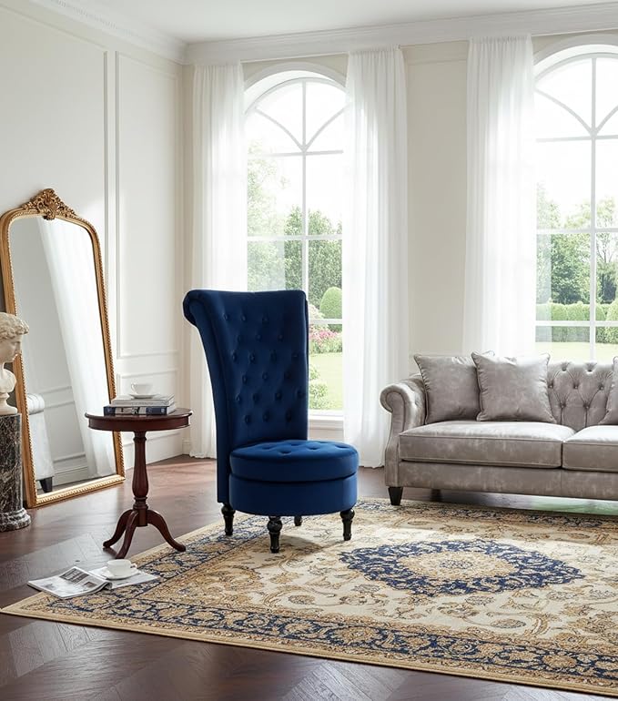 Royal High-Back Velvet Accent Chair for Vanity with Storage and Luxurious Upholstery Retro Design and Versatile Usage for Living Room Bedroom Lounge and Office Dark Blue