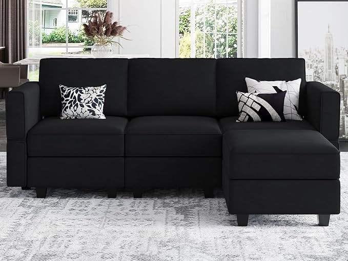 Belffin Modern L Shaped Velvet Sectional Sofa with Chaise Black Storage Adjustable Arm/Backrest