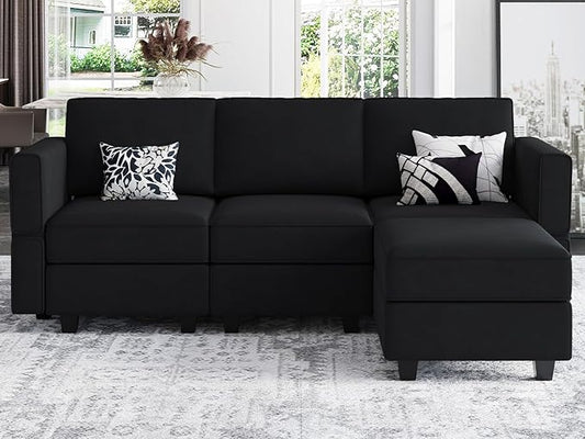 Belffin Modern L Shaped Velvet Sectional Sofa with Chaise Black Storage Adjustable Arm/Backrest