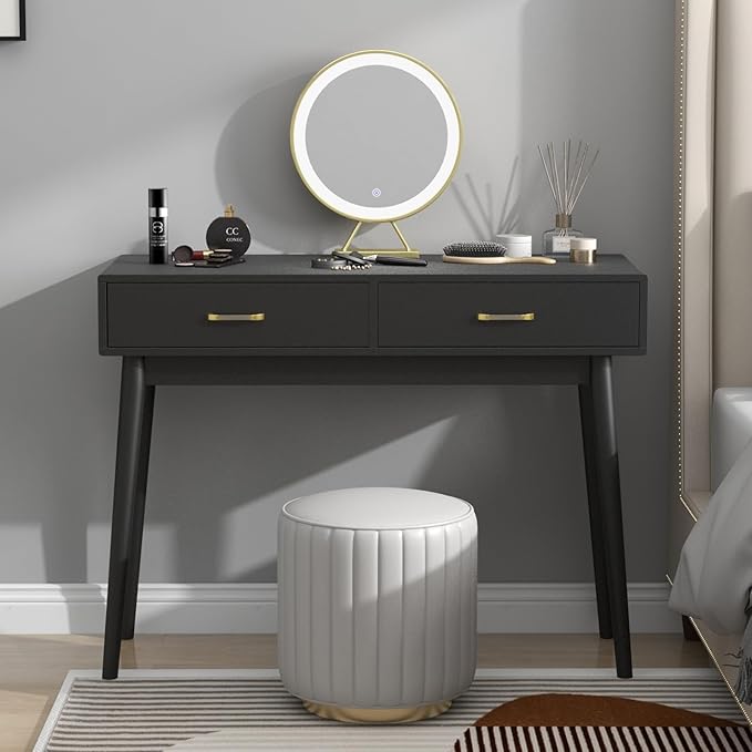 Black Small Writing Desk with Drawers 40 Inch Writing Desk for Home Office Vanity Desk with Solid Wood Leg for Small Spaces