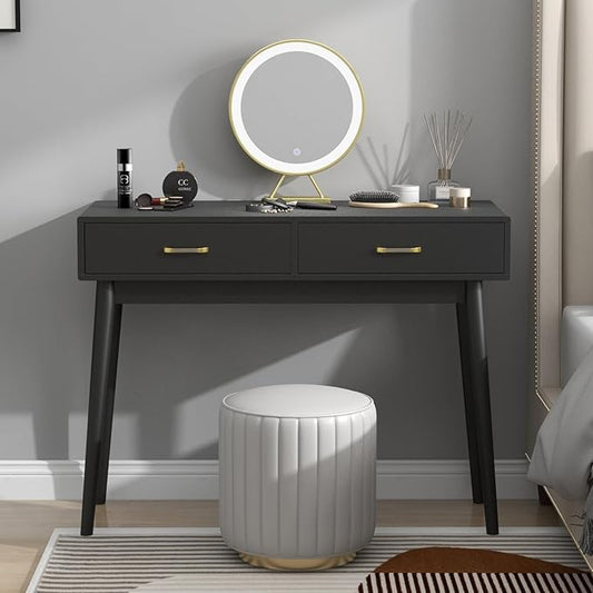 Black Small Writing Desk with Drawers 40 Inch Writing Desk for Home Office Vanity Desk with Solid Wood Leg for Small Spaces