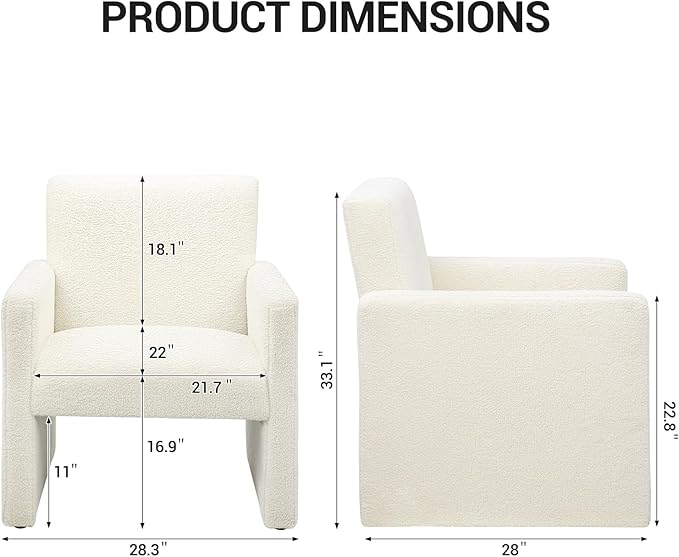 FUNKEEN Boucle Accent Chair Set of 2 – White Sherpa Armchairs with Plush Cushioned Seat Cozy Chairs for Living Room Bedroom Reading Nook