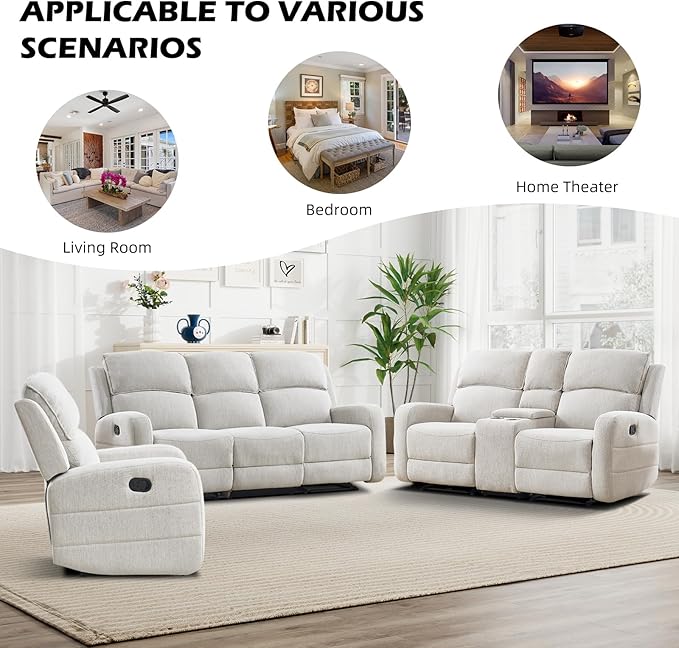 EBELLO Manual Living Room Furniture Reclining Couch Set Soft Fabric Recliner Loveseat and 3 Seat Sofa Couch for Meeting Room Overstuffed Backrest(Loveseat+Sofa)
