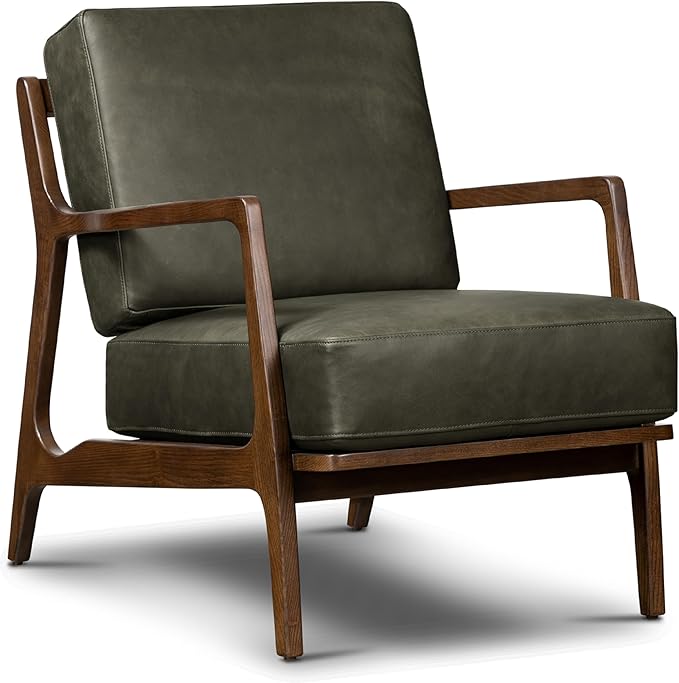 Poly &amp Bark Verity Leather Accent Chair – Armchair with Walnut Wood Frame – Fashion-Forward Lounge Seating for Living Room – Upholstered in Olivine Green Leather for Modern Style