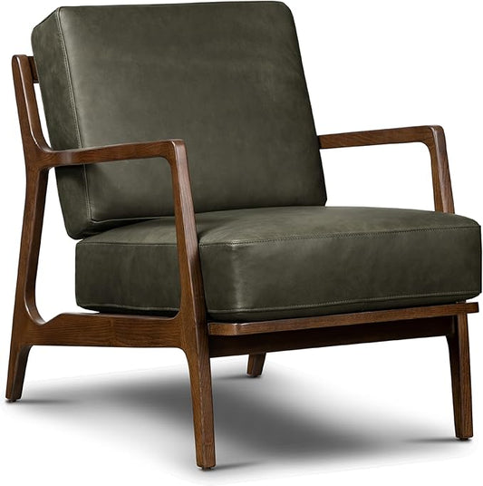 Poly &amp Bark Verity Leather Accent Chair – Armchair with Walnut Wood Frame – Fashion-Forward Lounge Seating for Living Room – Upholstered in Olivine Green Leather for Modern Style