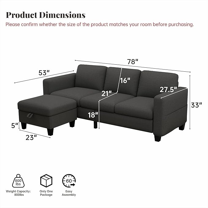 Small Sectional Sofa Couch L Shaped Sectional Grey Couch in a Box Small Couches with Ottoman 3 Seater Sofa for Living Room Apartment Dorm Office