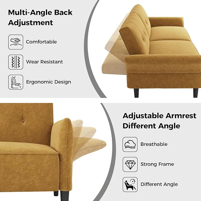 89” Futon Sofa Bed Comfy Futon Couch Bed with 2 Square PillowsConvertible Sleeper Sofa with Adjustable Backrest&amp Armrests Modern Loveseat Sleeper for Living RoomVelvet Fabric Yellow