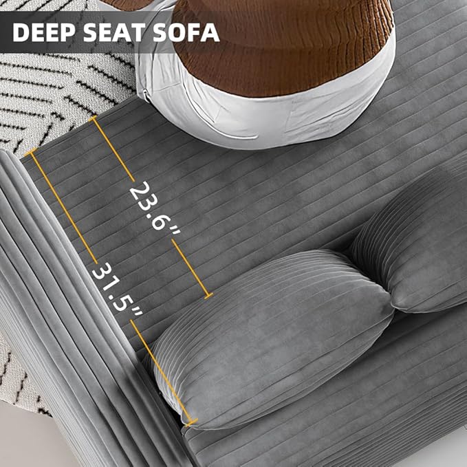 Cloud L Shaped Couch Modular Sectional Sofa 3 Seater Corduroy Cloud Sofa Couch with Ottoman 82.7'' Oversized Chaise Lounge Sleeper Sofas Deep Seat Sectional Couches for Living Room Grey