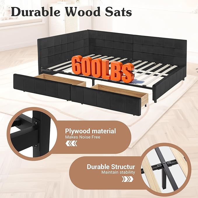 Queen Corner Bed Frame with Storage Drawers Modern Velvet Upholstered Sofa Day Bed Frame with Wood Slats for Living Room Bedroom Guest Room No Box Spring Needed Black