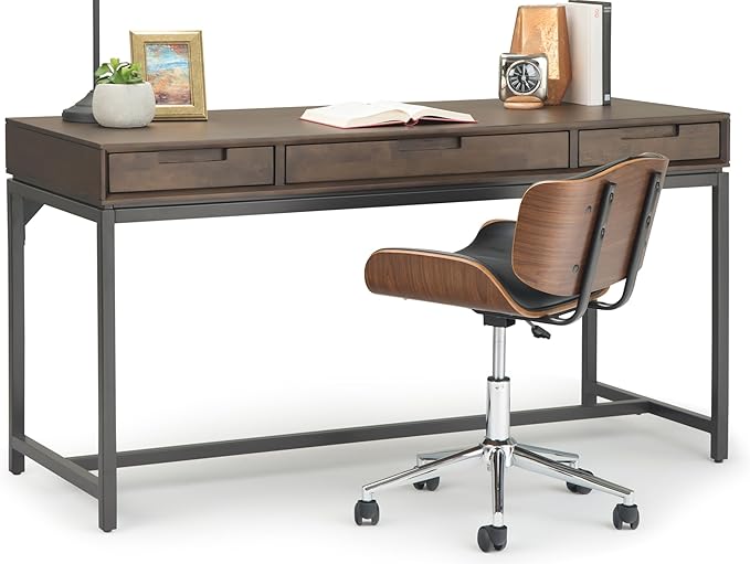 SIMPLIHOME Banting Desk - 60 Inch Wide Solid Wood and Metal Writing Desk in Walnut Brown Modern Industrial Home Office Computer Table for Study with 2 Drawers and Flip-Down Keyboard Tray