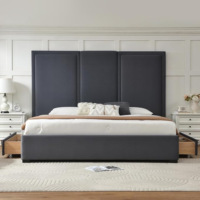YUHUASHI King Size Bed Frame with 64-inch High Headboard Simple and Airy Linen Upholstered Platform Bed with Storage Drawers Wood Slat No Noise (Grey King (U.S. Standard))