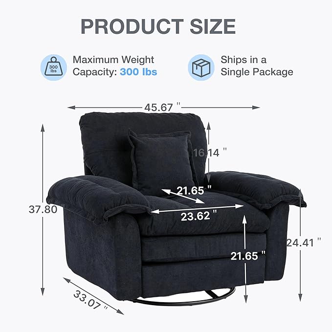 360° Swivel Accent Chair Oversized Plush Modern Chenille Armchair with Padded Seat &amp Back Comfy Spinning Chair for Living Room Bedroom Office (Black)