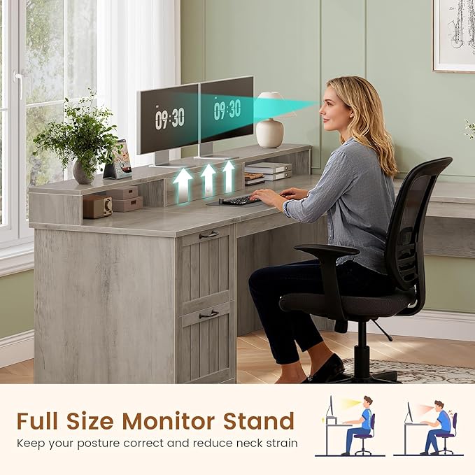 SEDETA 63 L Shaped Desk with Drawers Farmhouse Corner Computer Desk Wood Office Desk with File Drawers with Storage Executive Desk with Monitor Stand and Storage Cabinet Grey