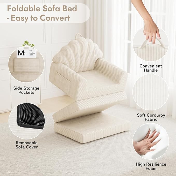 2-in-1 Folding Sofa Bed with Back Support 75 D x 34 W Convertible Futon Sleeper Chair for Adult Fold Out Bean Bag Floor Foam Lounger Couch for Living Room Bedroom Small Space Beige