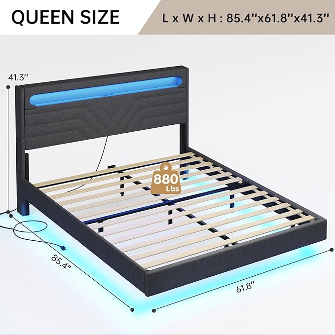 BTHFST Queen Floating Bed Frame with RGB LED Lights Headboard USB-C/A Power Combo Linen Upholstered Platform Bed with Storage Headboard Innovative Stable Structure Dark Gray