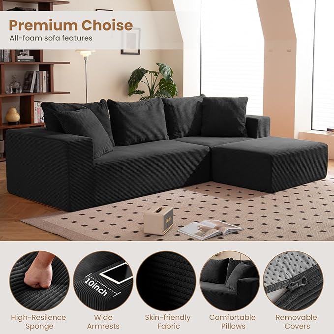 108 L-Shaped Boneless Couch Modular Sectional Sofa with Moveable Ottoman Corduroy Cloud Couches for Living Room No Assembly Ship in a Box Black