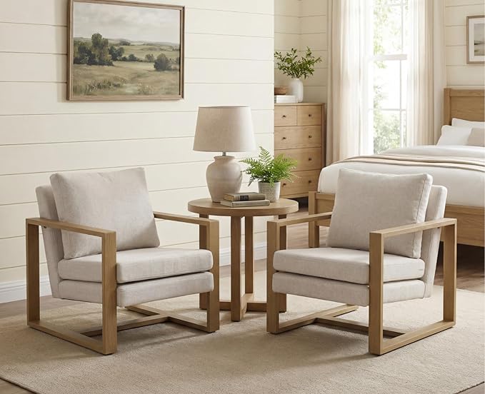 CIMOTA Modern Mid Century Accent Chairs Set of 2 Comfy Armchairs with 8.5 Thick Cushion &amp Armrests Upholstered Reading Lounge Chairs with Natural Wood Frame for Living Room Bedroom Office Beige