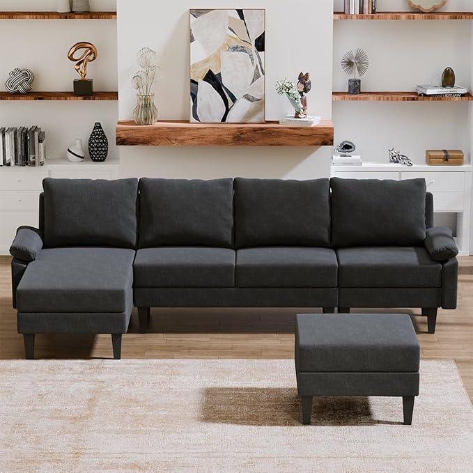 115 Inch Modular Sectional Sofa with Storage Ottoman Modern L-Shaped Sectional Couch with Chaise Chenille Couch for Living Room Apartment or Small Spaces Black