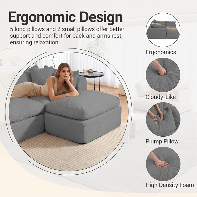 Modular Cloud Couch Sectional Boneless Sofa with Ottoman Deep Seat Fluffy Sectional Couch for Living Room &amp Bedroom No Assembly Required Grey
