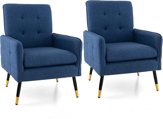 Giantex Modern Mid-Century Accent Chair Set of 2 - Upholstered Armchair with Tufted Back Metal Legs Adjustable Foot Pads Fabric Single Sofa Chair for Reading Living Room Chair for Bedroom Blue