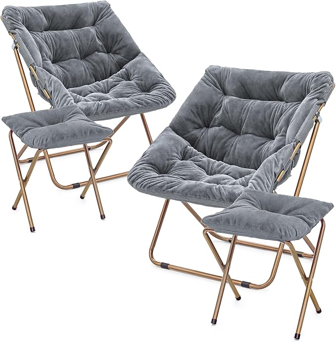 MoNiBloom Square Folding Faux Fur Saucer Chair for Bedroom Living Room Dorm Foldable Metal Frame Oversized Large Comfy Furry Padded Soft Cozy Moon Chair with Footrest Ottoman for Adults (Gray 2 Set)