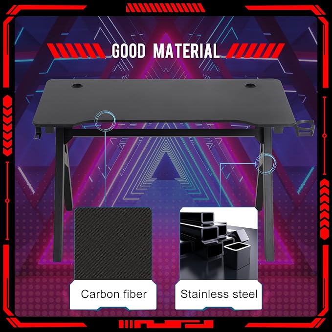 FDW Computer Desk Gaming Desk Student PC Desk Writing Desk Office Desk Modern Ergonomic Racing Style Table Workstation Carbon Fiber Headphone Hook (47in Red)