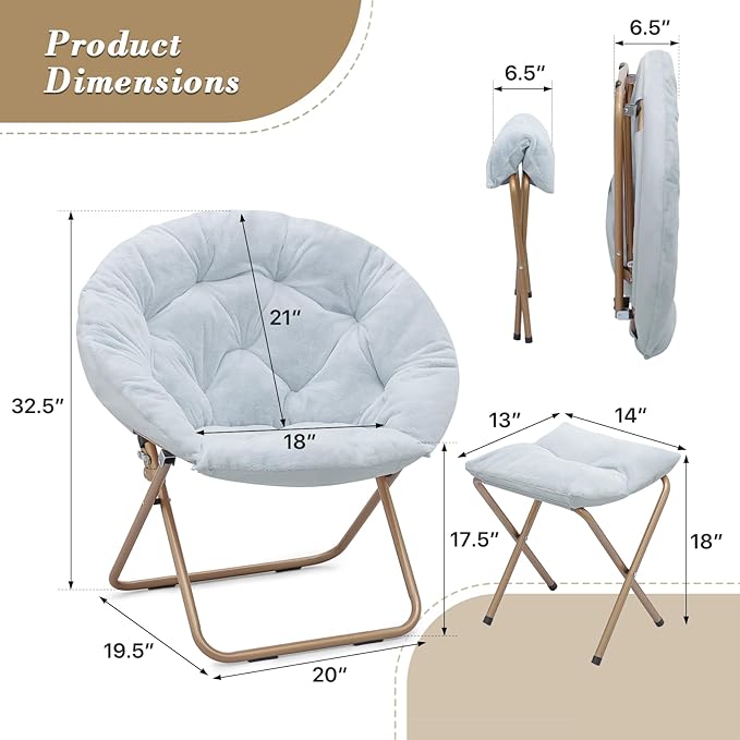 Athena Collection Round Saucer Chair with Ottoman Set of 2 for Adults Oversize Comfy Cozy Faux Fur Folding Reading Chair with Metal Leg Lazy Relaxing for Living Room Bedroom Dorm Apartment Blue