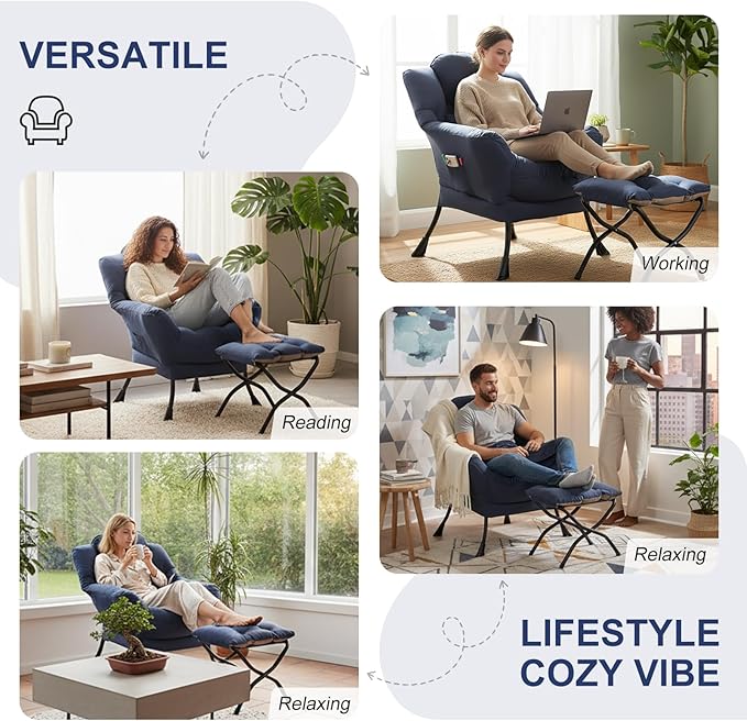 Lazy Chair with Ottoman Modern Lounge Chair with Lumbar Pillow Accent Cozy Reading Armchair and Folding Footstool for Bedroom Dorm Living RoomNavy