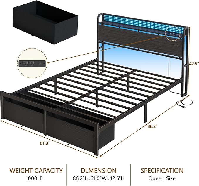 Furnulem Queen Bed Frame with Headboard Storage Platform Bed Frame Queen Size with Charging Station 2 Drawers &amp LED No Box Spring Needed Noise Free Easy Assembly Rustic Grey (1000 lbs Capaci