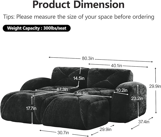Cloud Sectional Boneless Couch 80.3” Small U Shaped Modular Sofa with 2 Ottoman Deep Seat Premium Velvet Ergonomic Design Compression Upholstered Couches for Living Room Black