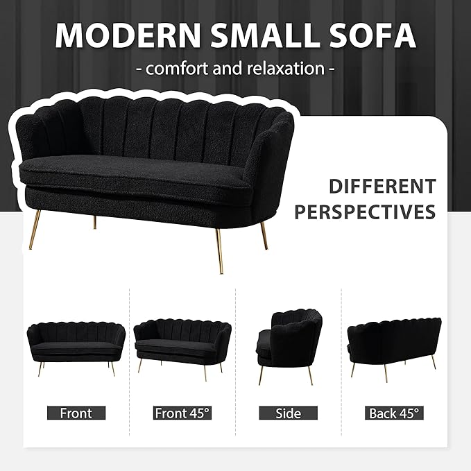 Aoiy &amp Wifon 59 W Comfy Small Loveseat for Small Spaces Upholstered 2-Seat Settee Loveseat with Metal Legs Boucle Black