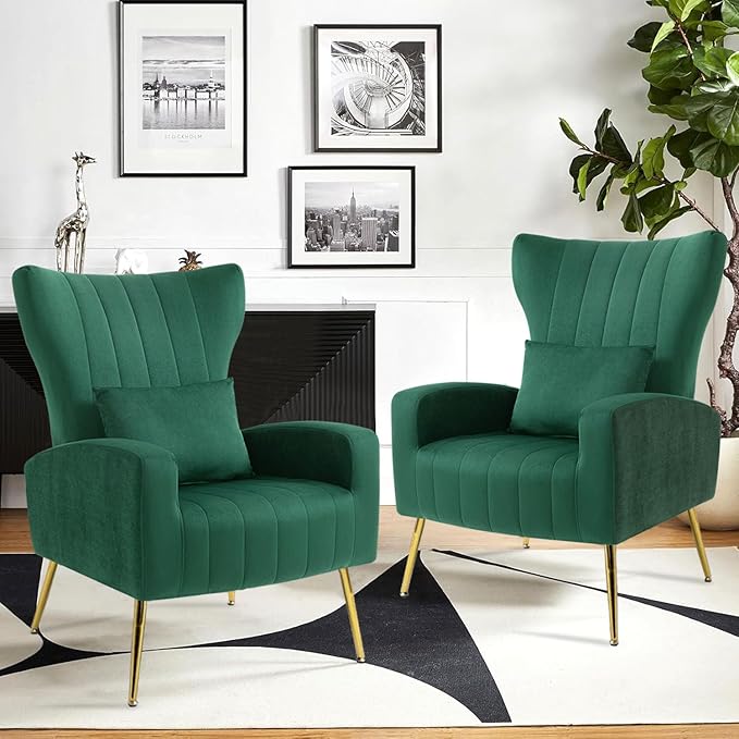 Modern Accent Chairs Set of 2 Wingback Chair with Arm &amp Gold Legs Living Room Bedroom Side Chair with Lumbar Pillow Velvet Upholstered Channel Tufted Green