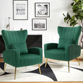 Modern Accent Chairs Set of 2 Wingback Chair with Arm &amp Gold Legs Living Room Bedroom Side Chair with Lumbar Pillow Velvet Upholstered Channel Tufted Green