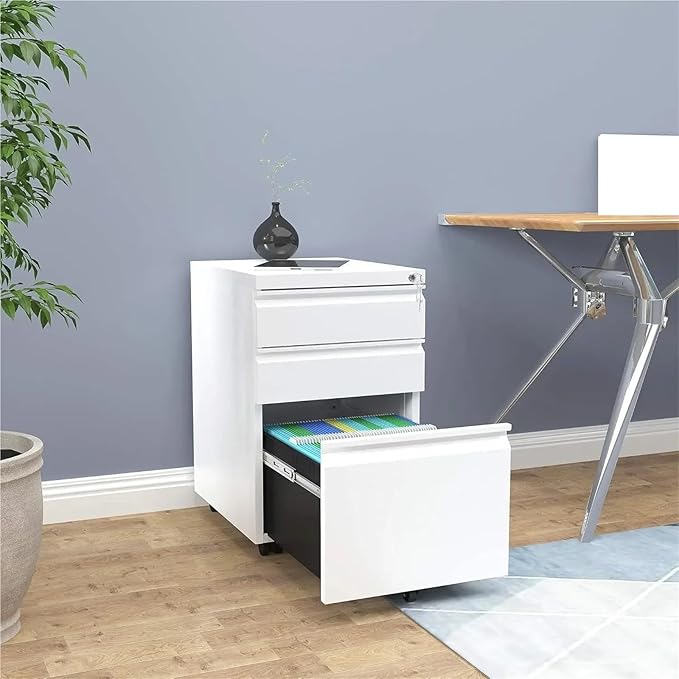 Mobile File Cabinet 3-Drawer Mobile File Cabinet with Lock Office Storage Filing for Legal/Letter Size Pre-Assembled Metal