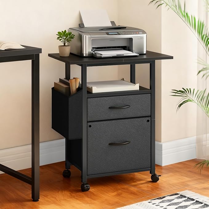 GYIIYUO 2 Drawer File Cabinet with 24'' Extended Desktop Mobile Filing Cabinet Rolling File Cabinet with Side Bag Fabric Drawer Fits A4/Letter Size Printer Stand Home Office Black
