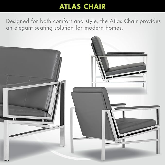 Atlas Modern Accent Chair in Blended Leather Chrome / Gray