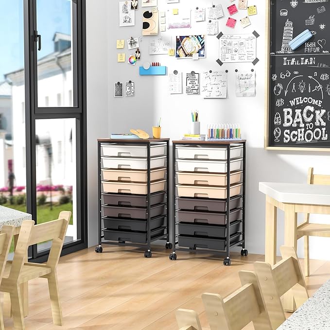 Rolling Storage Cart with Drawers Rolling Drawer Cart and Wooden TabletopStorage Drawer Cart for Living RoomClassroomBedroomBathroomDormOfficeBrown Gradient