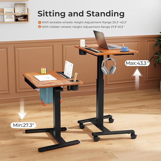Mobile Standing Desk with Drawer 28 Rolling Desk with Cup Holder and Hooks Portable Laptop Workstation on Wheels Height Adjustable Cart with Storage for Home Office Dark Wood