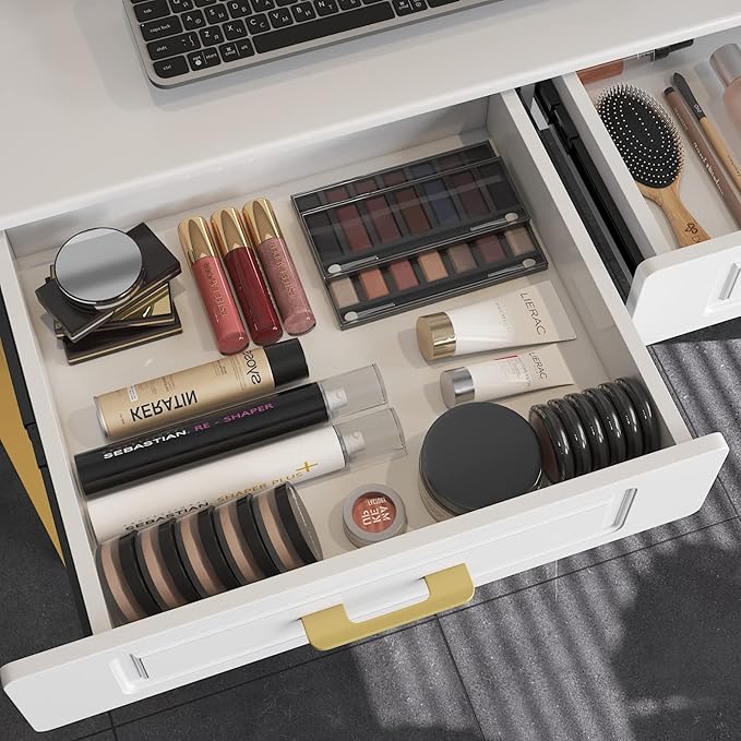 WESTREE 47.2 White and Gold Desk with 2 Drawers and Storage Shelf Modern Makeup Vanity with Glossy Desktop Gold Metal Frame Writing Desk for Bedroom or Home Office No Mirror