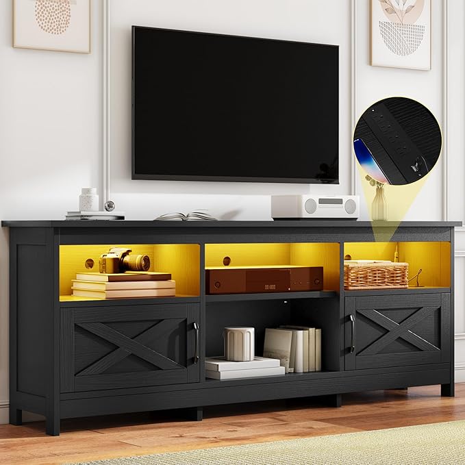 DWVO Farmhouse TV Stand with Power Outlets &amp LED Lights Entertainment Center for TVs up to 80 TV Console with Storage Cabinets &amp Open Shelves for Living Room (Black)