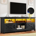 DWVO Farmhouse TV Stand with Power Outlets &amp LED Lights Entertainment Center for TVs up to 80 TV Console with Storage Cabinets &amp Open Shelves for Living Room (Black)