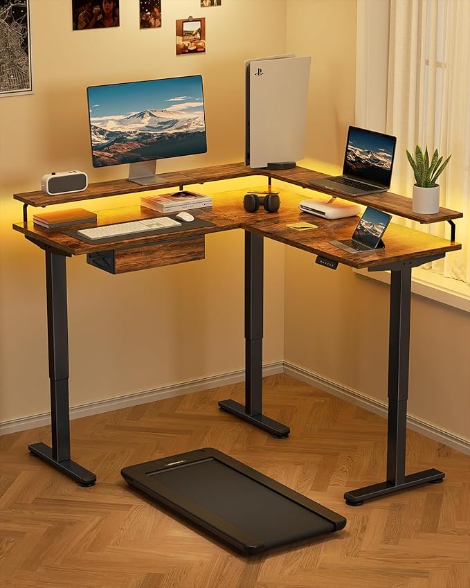 Flycity Electric L Shaped Standing Desk with Monitor Stand 59 Corner Computer Desk with Drawers Gaming Table with LED Lights &amp Power Outlet Home Office Stand Up Adjustable Height Table Brown