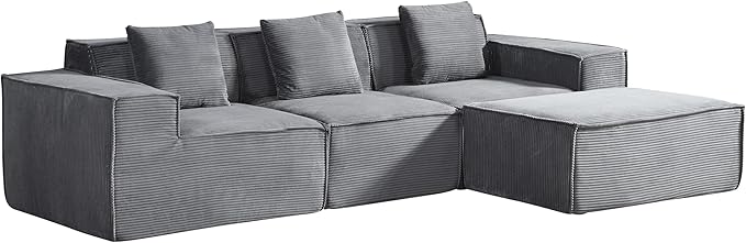 Rowan Convertible Corduroy Sectional Couch with Ottoman &amp Pillows Modular L Shaped Sleeper Sofa Boneless Cloud Couch for Living Room Furniture Dark Grey