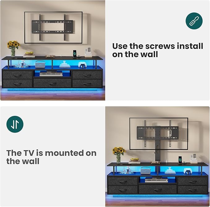 BTHFST TV Stand with Mount for 32/55/65/70 inch TVs 51.2 LED TV Stand with Power Outlets &amp Storage Entertainment Center with Storage for Living Room Bedroom Black